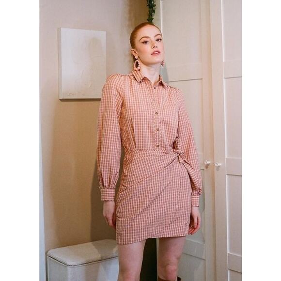 Sezane Jamy Linen Check Shirt Dress Faux Wrap Women 42 Pink Plaid Long Sleeve - Picture 1 of 16